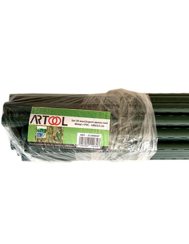 Set 20 araci/suport pentru rosii, castraveti, fasole, metal + PVC, verde, 180x1.6 cm, Artool