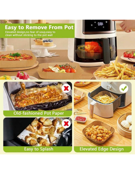 Set 200 Hartii de copt sau prajit pentru Airfryer, Forma patrat, in suport de plastic cu capac, 20 x 20 cm