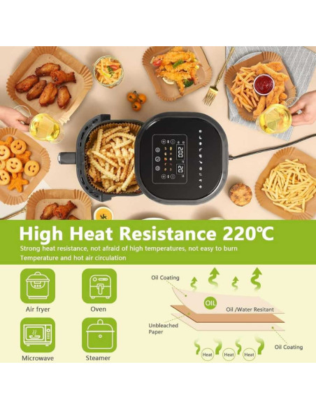 Set 200 Hartii de copt sau prajit pentru Airfryer, Forma patrat, in suport de plastic cu capac, 20 x 20 cm