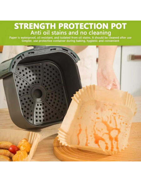 Set 200 Hartii de copt sau prajit pentru Airfryer, Forma patrat, in suport de plastic cu capac, 20 x 20 cm