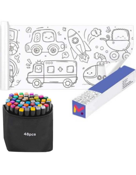Hartie Auto-adeziva si Decupabila pentru Desenat si Colorat, Model Masini si 48 Markere cu 2 Capete si Geant de Depozitare