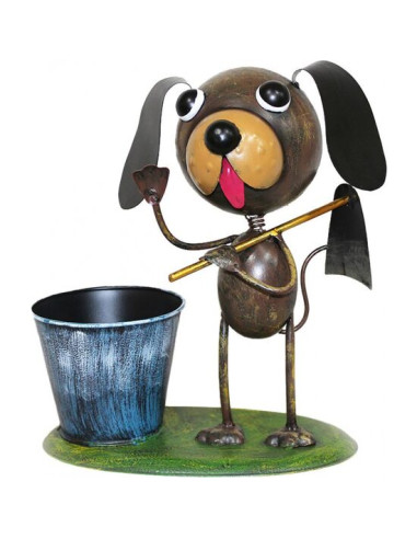 Decoratiune gradina, MagicHome, catelus cu sapa si galeata, metalica, 27x16x29 cm