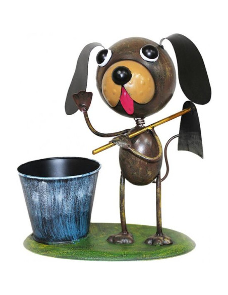 Decoratiune gradina, MagicHome, catelus cu sapa si galeata, metalica, 27x16x29 cm