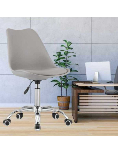 Scaun de Birou cu 5 Roti din Cauciuc, Perna din Piele Ecologica si Sezut din PP, Cadru Aluminiu, 49 x 42 x 86-101 cm, Gri si Cas