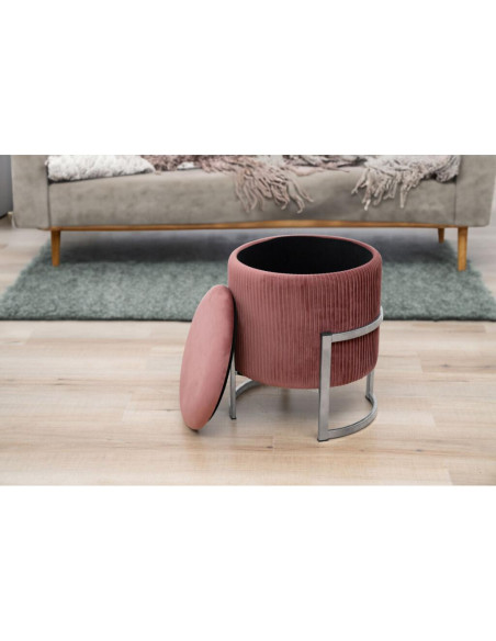 Taburet, rotund, cu spatiu depozitare, catifea, roz, 80 kg, 40x46 cm, Porto, Akord