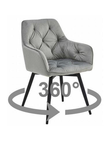 Scaun stil fotoliu bucatarie/living, Artool, York, rotativ, catifea, metal, gri argintiu si negru, 56x61x84 cm