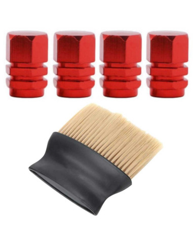 Set 4 Capace Hexagonale pentru Valve Auto, din Aluminiu, 1.8 cm, Rosu si Perie SoftTouch cu Fire din Nylon si Manger Ergonomic