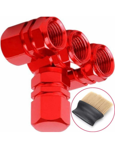Set 4 Capace Hexagonale pentru Valve Auto, din Aluminiu, 1.8 cm, Rosu si Perie SoftTouch cu Fire din Nylon si Manger Ergonomic