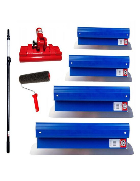 Set 4 gletiere profesionale, inox, 25, 40, 60, 80 cm, suport, maner prelungitor 1.2-2.2 m, rola gletuit, Ergolite