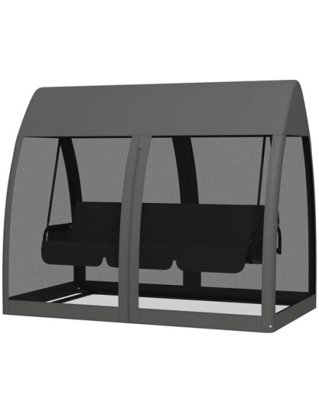 Balansoar gradina, 3 locuri, cu plasa insecte, gri inchis, 240x140x197 cm, functie pat, max 300 kg, Monte Carlo