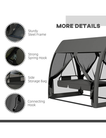 Balansoar gradina, 3 locuri, cu plasa insecte, gri inchis, 240x140x197 cm, functie pat, max 300 kg, Monte Carlo