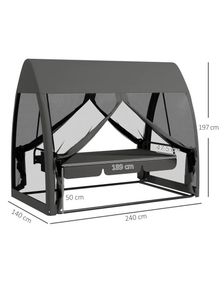 Balansoar gradina, 3 locuri, cu plasa insecte, gri inchis, 240x140x197 cm, functie pat, max 300 kg, Monte Carlo