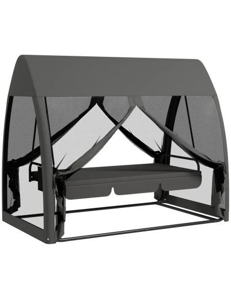 Balansoar gradina, 3 locuri, cu plasa insecte, gri inchis, 240x140x197 cm, functie pat, max 300 kg, Monte Carlo