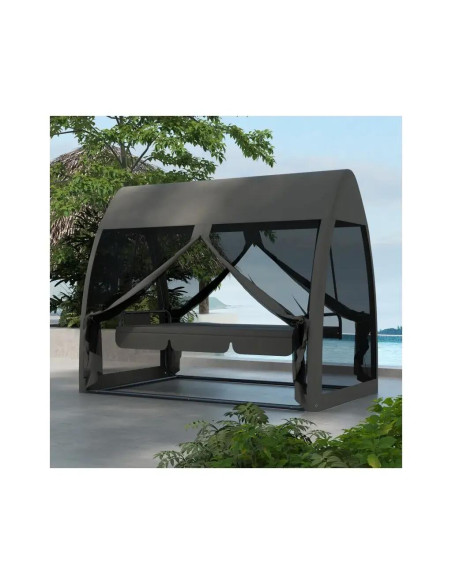 Balansoar gradina, 3 locuri, cu plasa insecte, gri inchis, 240x140x197 cm, functie pat, max 300 kg, Monte Carlo