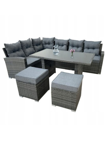 Set mobilier gradina/terasa, gri, ratan sintetic, 1 masa, 2 canapele, 2 tabureti, Lauren