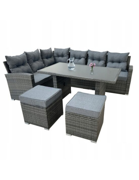 Set mobilier gradina/terasa, gri, ratan sintetic, 1 masa, 2 canapele, 2 tabureti, Lauren