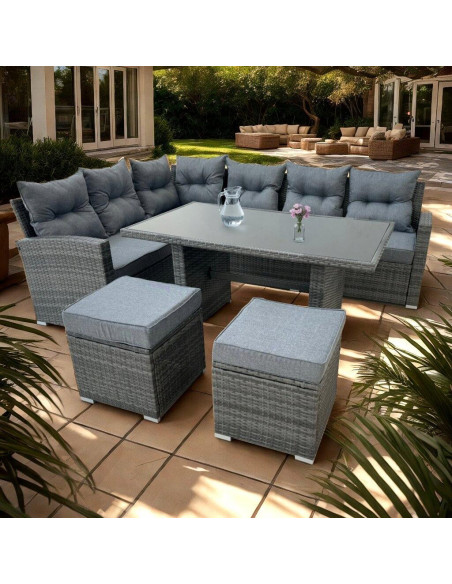 Set mobilier gradina/terasa, gri, ratan sintetic, 1 masa, 2 canapele, 2 tabureti, Lauren