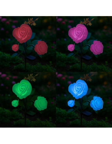 Lampa solara pentru gradina, Gardlov, trandafir cu 3 flori, 3 LED, 5 culori, 80 cm