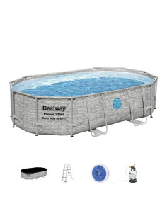 Piscina structura metalica, ovala, cu pompa nisip, scara, dozator, prelata acoperire, gri, 488x305x107 cm, Bestway Power Steel
