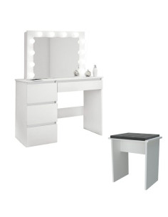 Masa de toaleta/machiaj + Taburet, alba, cu oglinda si LED-uri, Irina, 94x43x141 cm