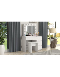 Masa de toaleta/machiaj + Taburet, alba, cu oglinda si LED-uri, Irina, 94x43x141 cm 2