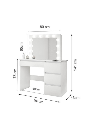 Masa de toaleta/machiaj + Taburet, alba, cu oglinda si LED-uri, Irina, 94x43x141 cm