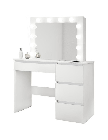 Masa de toaleta/machiaj + scaun Alba, alb, cu oglinda si LED-uri, Irina, 94x43x141 cm