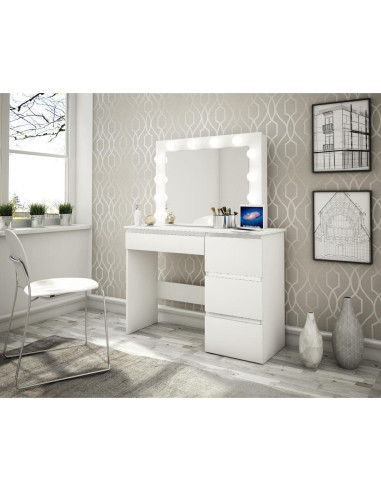 Masa de toaleta/machiaj + scaun Alba, alb, cu oglinda si LED-uri, Irina, 94x43x141 cm