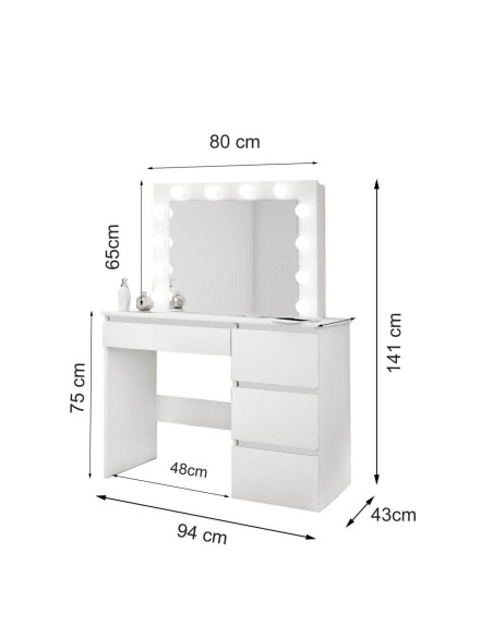 Masa de toaleta/machiaj + scaun Alba, alb, cu oglinda si LED-uri, Irina, 94x43x141 cm