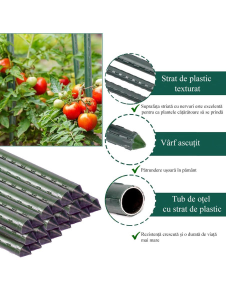 Set 25 araci/suport pentru rosii, castraveti, fasole, metal + PVC, verde, 150x0.8 cm, Artool
