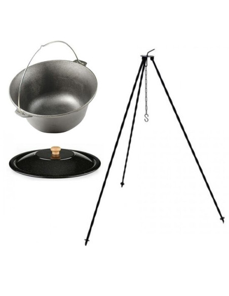 Set ceaun fonta cu capac emailat si trepied metalic, 14.5 L, Premium