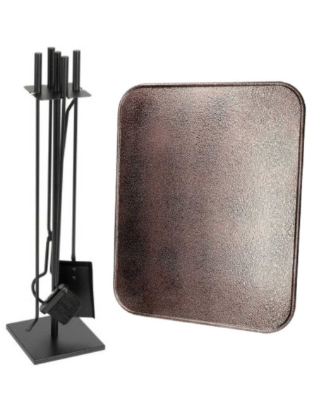 Set 4 Accesorii cu Suport pentru Semineu si Soba din Fier Forjat, 81 cm si Covoras Metalic, Rezistent la Temperaturi Ridicate, 4