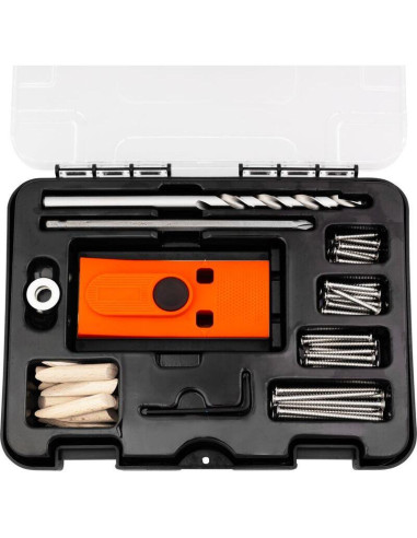 Set pentru dulgheri cu imbinari, dibluri, burghie, suruburi, cuie, opritor adancime, 55 piese