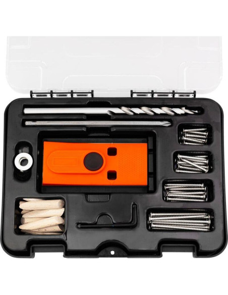 Set pentru dulgheri cu imbinari, dibluri, burghie, suruburi, cuie, opritor adancime, 55 piese