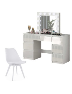 Set masa de toaleta/machiaj Vanessa + scaun Mark, sertare alb lucios, cu oglinda si LED-uri, Vanessa, 130x43x143 cm