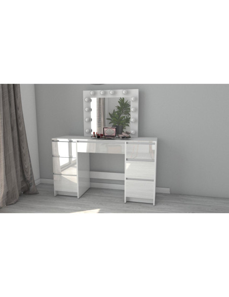 Set masa de toaleta/machiaj Vanessa + scaun Mark, sertare alb lucios, cu oglinda si LED-uri, Vanessa, 130x43x143 cm