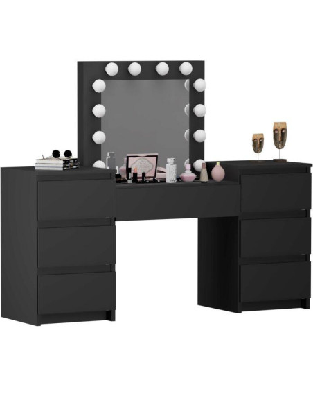 Set masa de toaleta/machiaj Antonia + scaun Mark, negru, cu oglinda si LED-uri, 155x42x135 cm