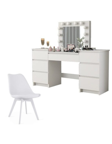 Set masa de toaleta/machiaj Antonia + scaun Mark, alb, cu oglinda si LED-uri, 155x42x135 cm