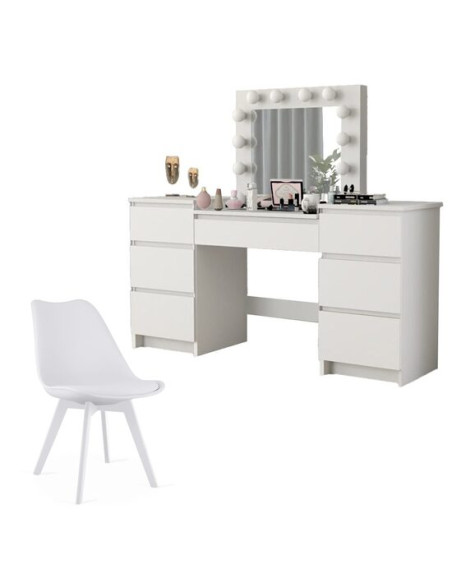 Set masa de toaleta/machiaj Antonia + scaun Mark, alb, cu oglinda si LED-uri, 155x42x135 cm
