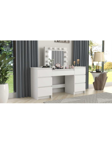 Set masa de toaleta/machiaj Antonia + scaun Mark, alb, cu oglinda si LED-uri, 155x42x135 cm