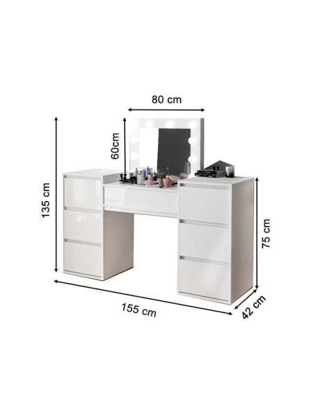 Set masa de toaleta/machiaj Antonia + scaun Mark, alb, cu oglinda si LED-uri, 155x42x135 cm