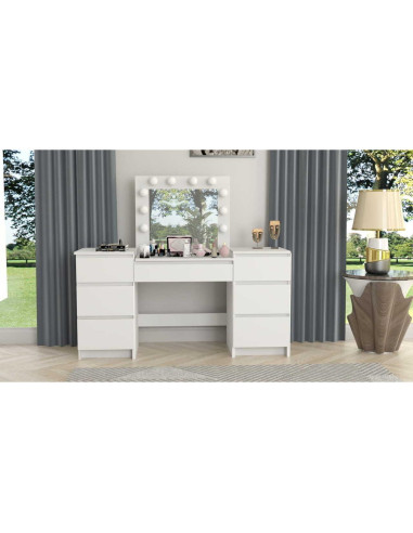 Set masa de toaleta/machiaj Antonia + scaun Mark, alb, cu oglinda si LED-uri, 155x42x135 cm