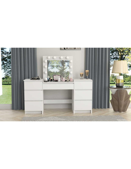 Set masa de toaleta/machiaj Antonia + scaun Mark, alb, cu oglinda si LED-uri, 155x42x135 cm