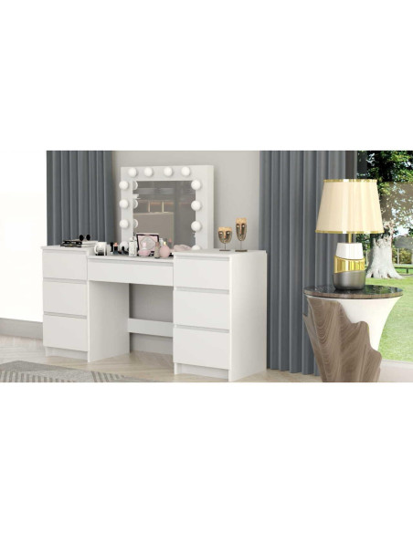 Set masa de toaleta/machiaj Antonia + scaun Mark, alb, cu oglinda si LED-uri, 155x42x135 cm