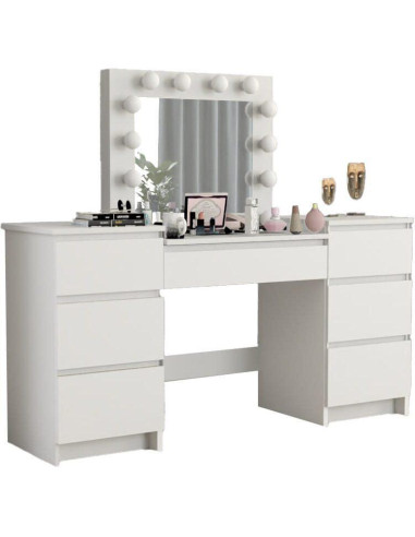 Set masa de toaleta/machiaj Antonia + scaun Mark, alb, cu oglinda si LED-uri, 155x42x135 cm