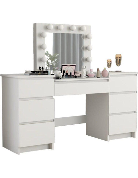 Set masa de toaleta/machiaj Antonia + scaun Mark, alb, cu oglinda si LED-uri, 155x42x135 cm