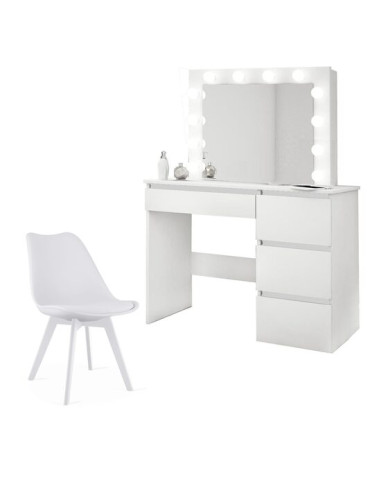 Set masa de toaleta/machiaj Irina + scaun Mark, alb, cu oglinda si LED-uri, 94x43x141 cm