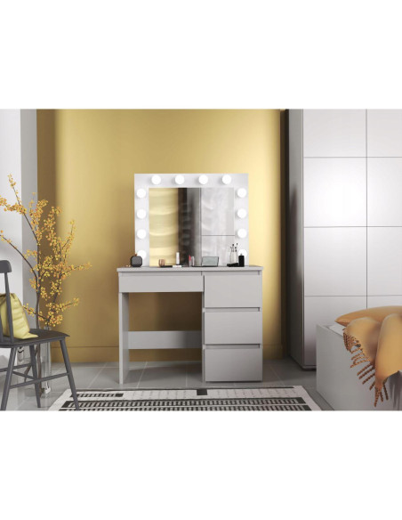Set masa de toaleta/machiaj Irina + scaun Mark, alb, cu oglinda si LED-uri, 94x43x141 cm