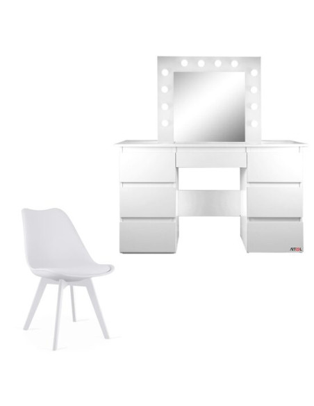 Set masa de toaleta/machiaj Vanessa + scaun Mark, alb, cu oglinda si LED-uri, 130x43x143 cm