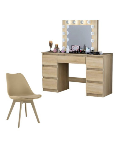Set masa de toaleta/machiaj Vanessa + scaun Mark, stejar, cu oglinda si LED-uri, 130x43x143 cm